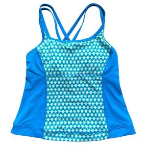 Lands' End Blue Polka Dot‎ Swim Tank Top Size 10 Criss Cross Strap
